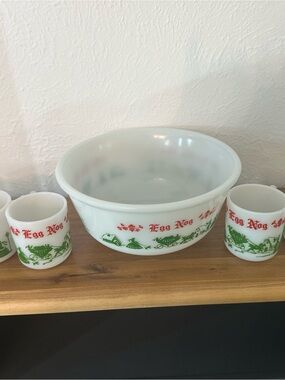 Holiday Egg Nog Bowl & Cup Set — White with Red & Green Motif